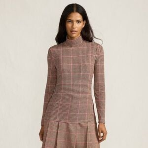 Lands’ End Brown Red Checkered Jersey Turtleneck Sweater S Cotton